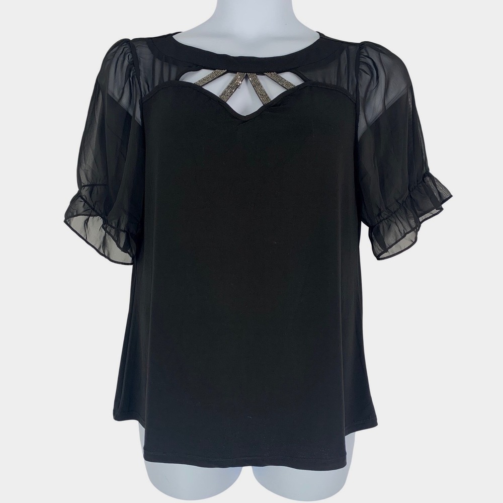 Adele & May XL Black Sheer Sleeve Rhinestone Blouse Office Goth